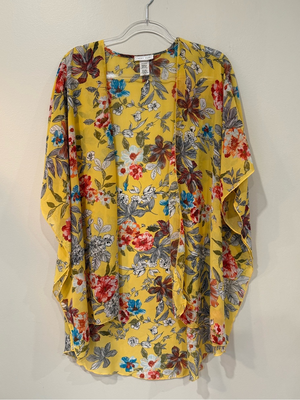 Emory Park Yellow Floral Chiffon Open Front Kimono Cardigan